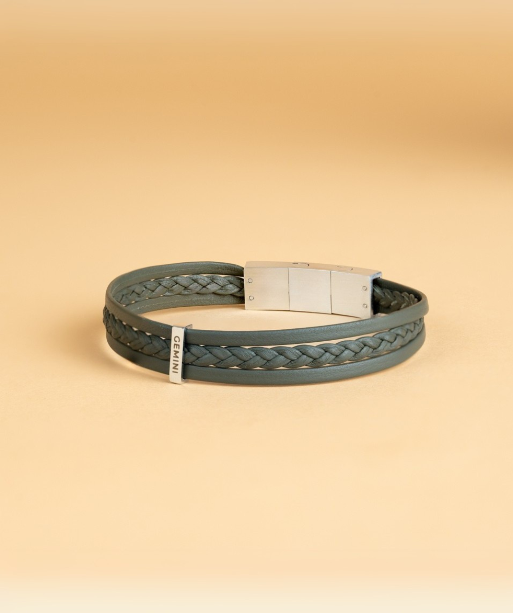 Triple green Italian nappa leather bracelet with silverplated finish, Gemini
