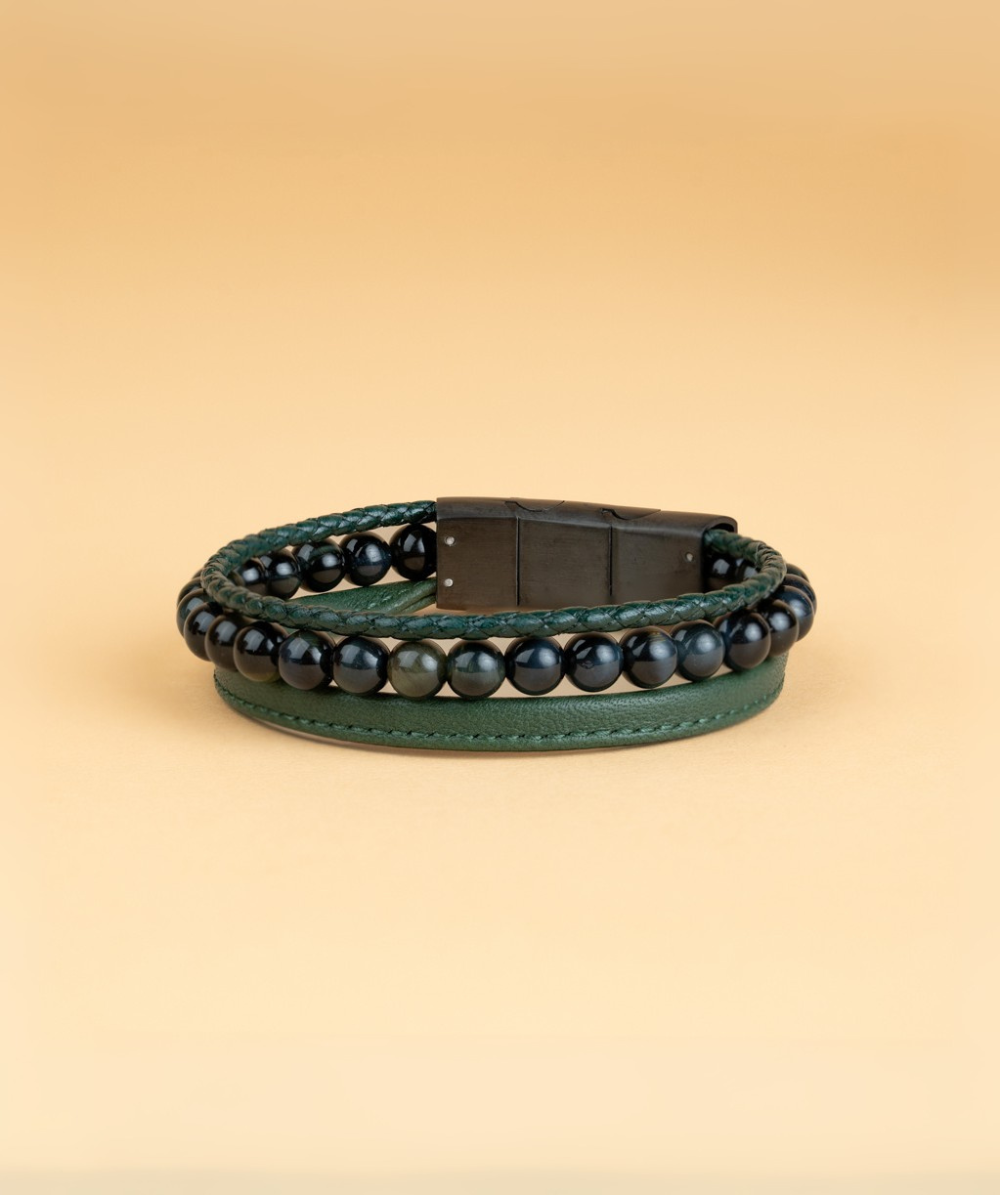 Triple bracelet with 6mm Green Tiger Eye stone and Nappa leather, Gemini