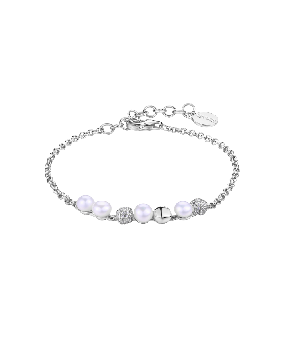 Ženski srebrni narukvic AZZURRA, tanki lančić, cirkonij i prirodni biseri, ROSATO