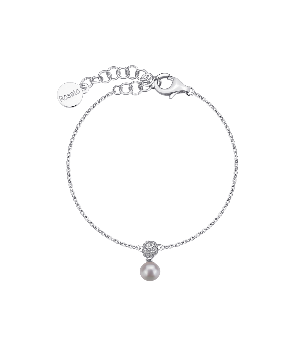 Ženski srebrni narukvic AZZURRA, tanki lančić, cirkonij i prirodni biser, ROSATO