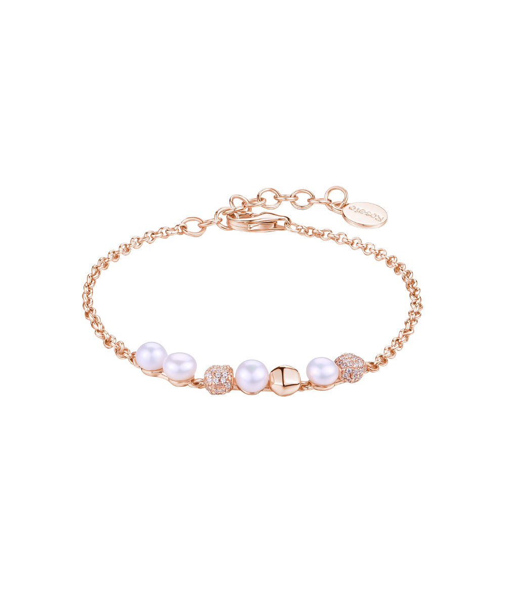 Women's Adjustable Silver Bracelet AZZURRA with Fine Chain and Natural Pearls, ROSATO