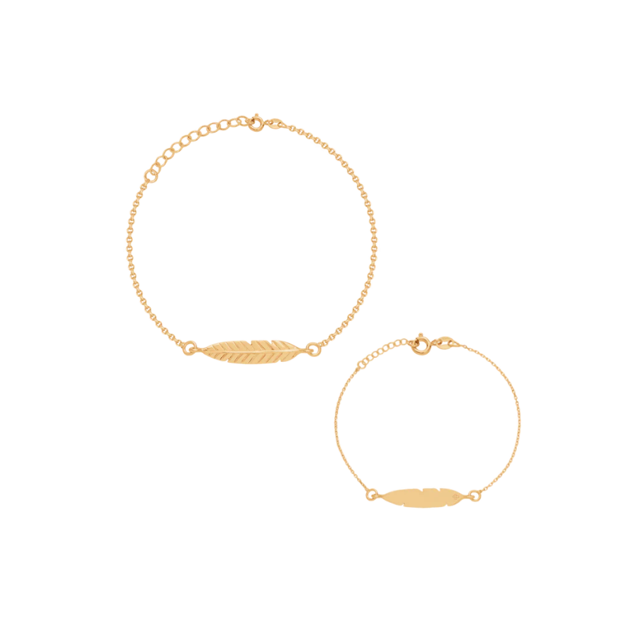 Ženska narukvica s perjem, pozlačena 18k zlatom, podesiva 16 cm + 3 cm produžetak, gravabilna, Lilou