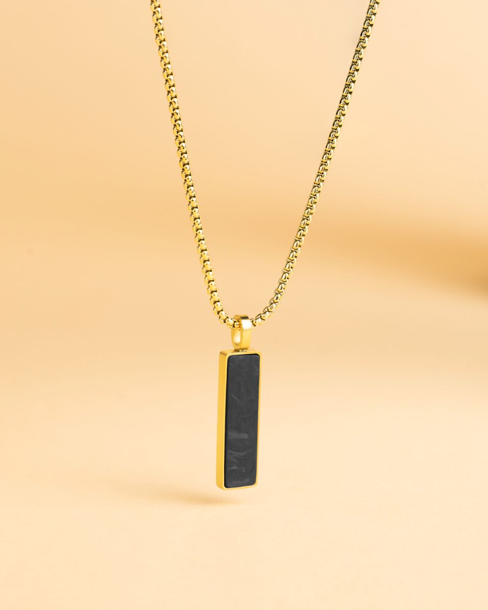 Men's gold-plated stainless steel necklace with a forged carbon finish, Gemini