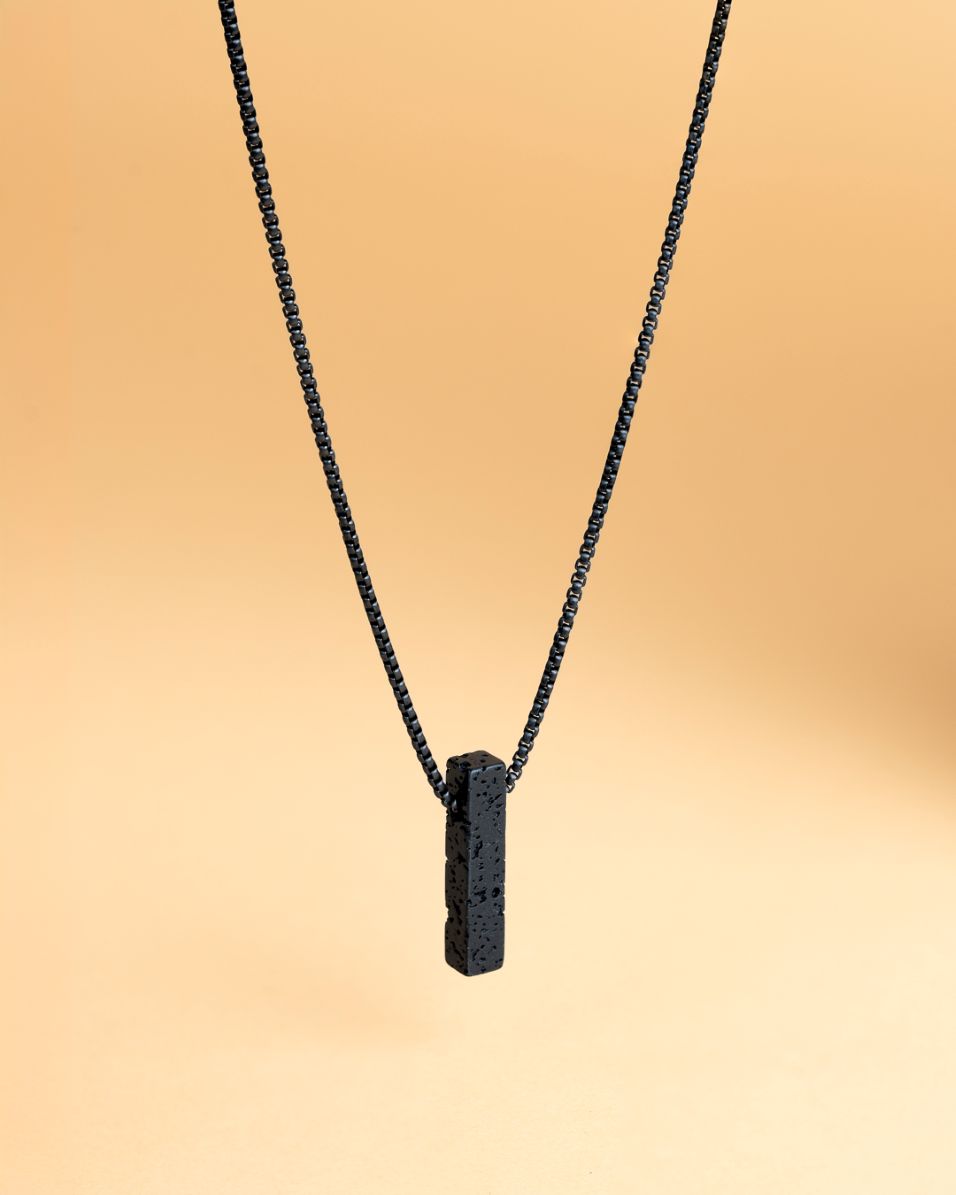Stainless steel necklace with a Black Lava stone, Gemini