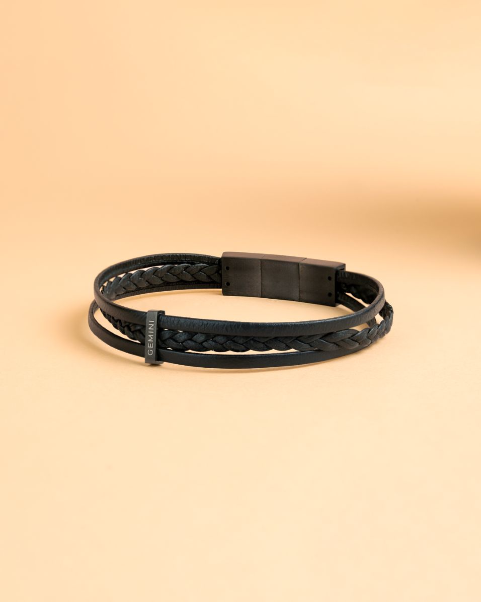 Triple black Italian nappa leather bracelet with black finish, Gemini