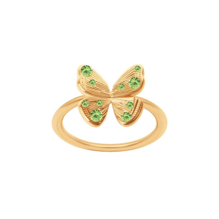 Women's ring Papillon 1.1 cm with green crystals, gold-plated, Lilou