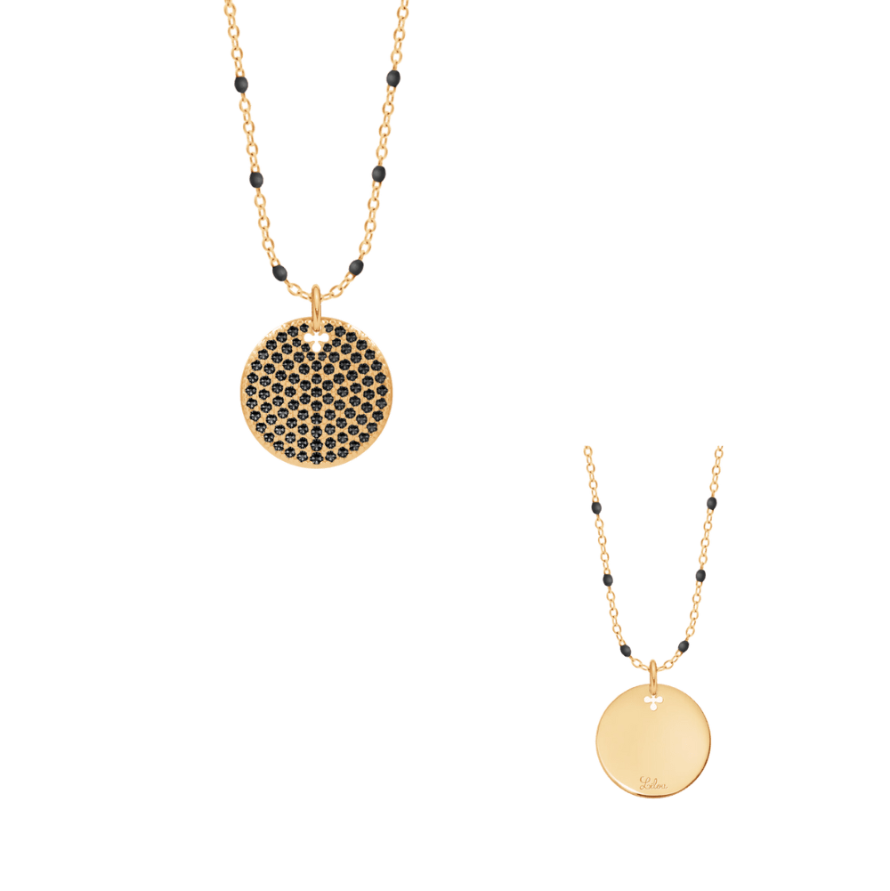 Colier cu medalion si zirconii negre pe lant cu email negru, gravabil - Coliere - A03/MARKET/ANS/6 - Lilou - Tessora