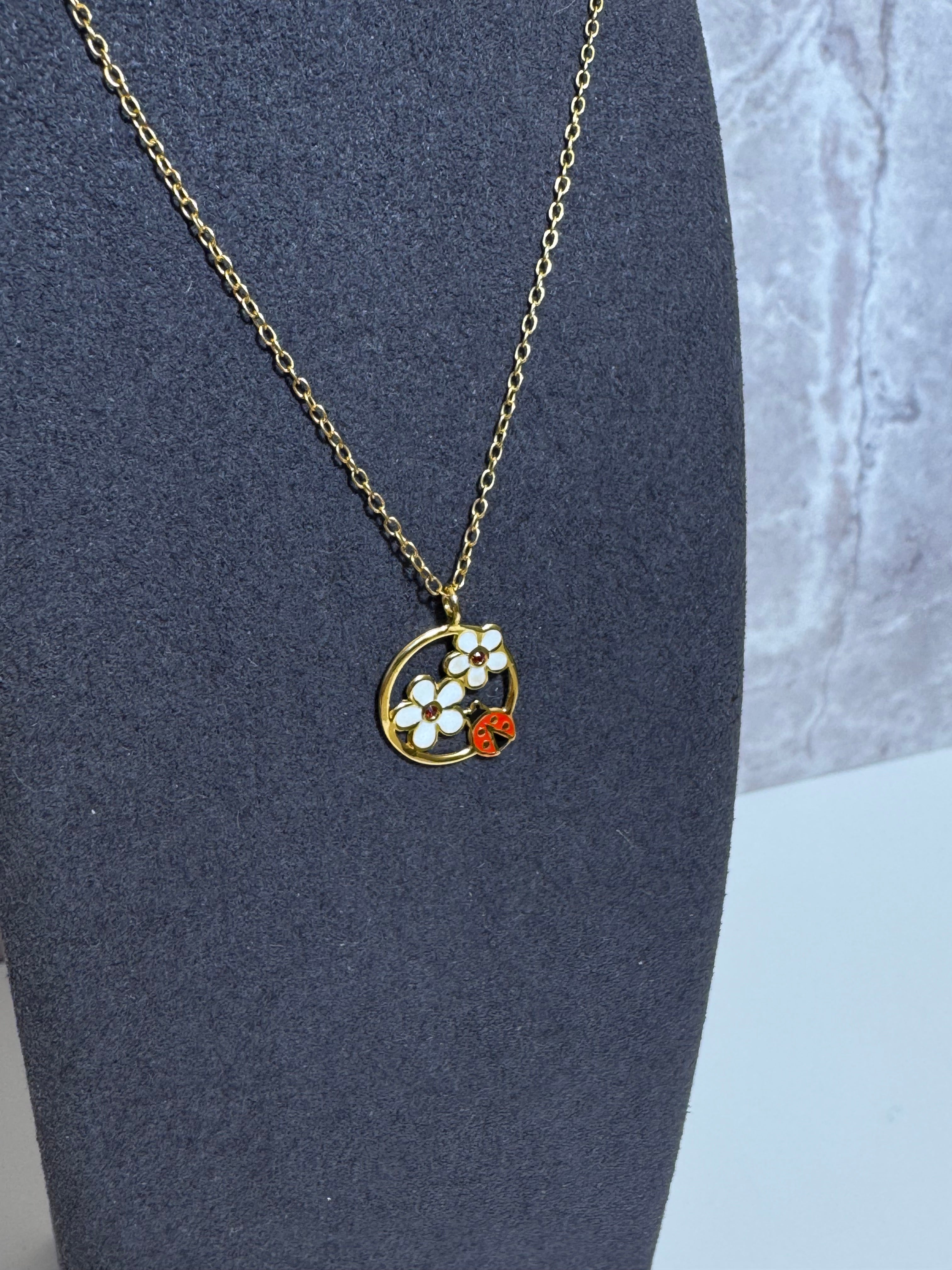 Women's silver necklace gold plated with ladybug and flowers, Tessora