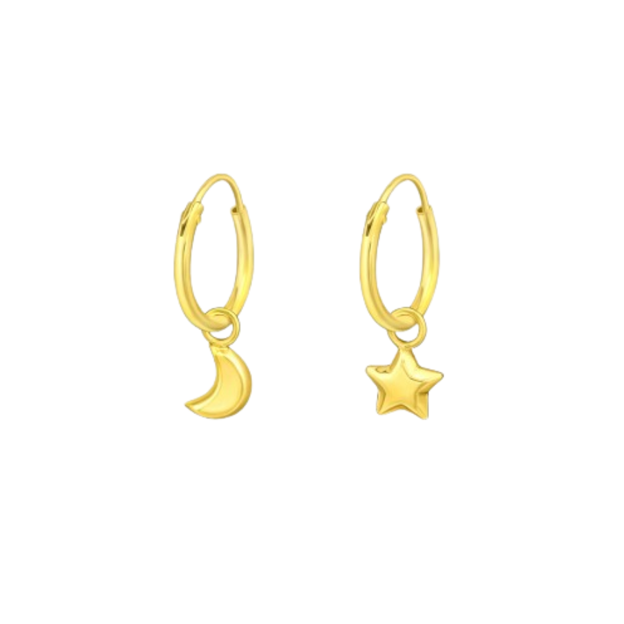 Women's silver hoop earrings with moon and star,