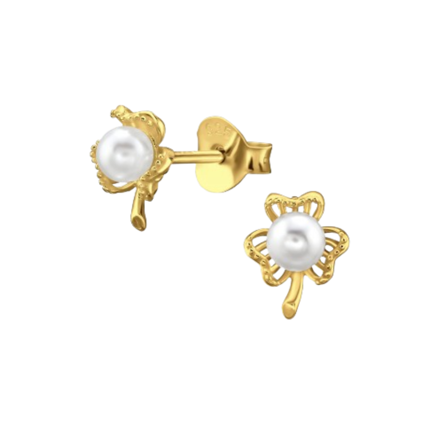 Women's silver earrings gold plated with clover and pearl, TESSORA
