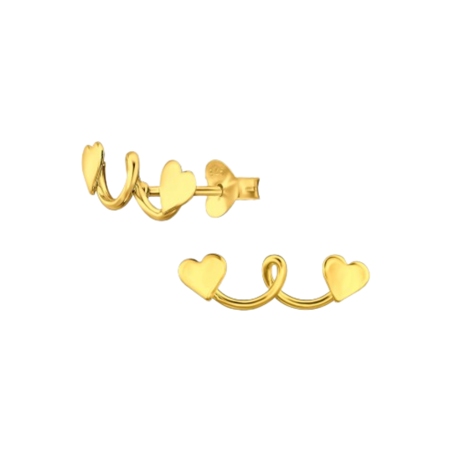 Ženske srebrne naušnice pozlačene s zakrivljenim zlatnim srcima, TESSORA
