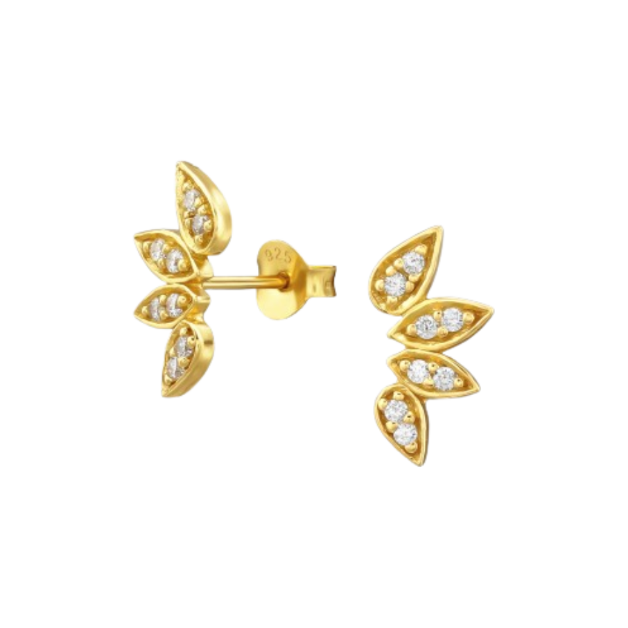 Ženske srebrne naušnice na ušnu resicu, pozlačene, ukrašene listovima i kamenjem, TESSORA