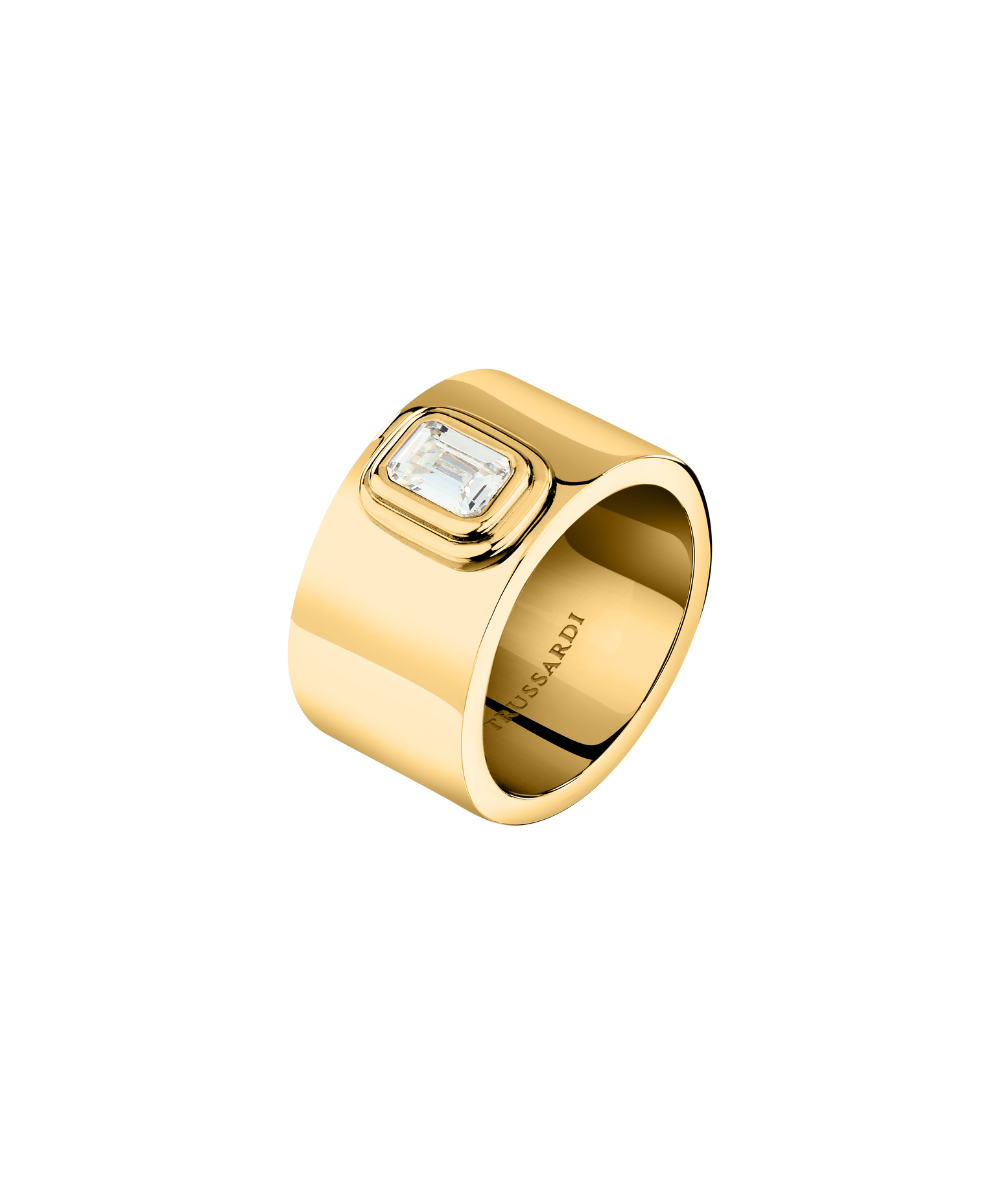 Women’s T-Design ring in stainless steel with yellow gold finish, Trussardi