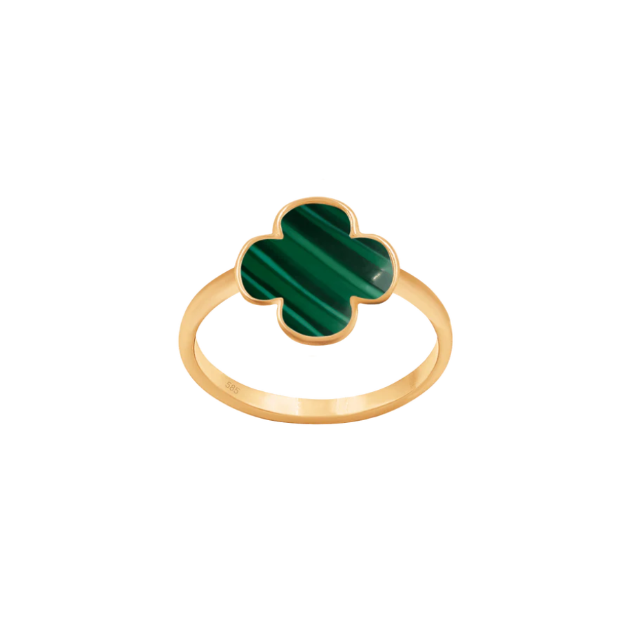 Women's ring yellow gold 585 with round clover of green Malachite, Lilou