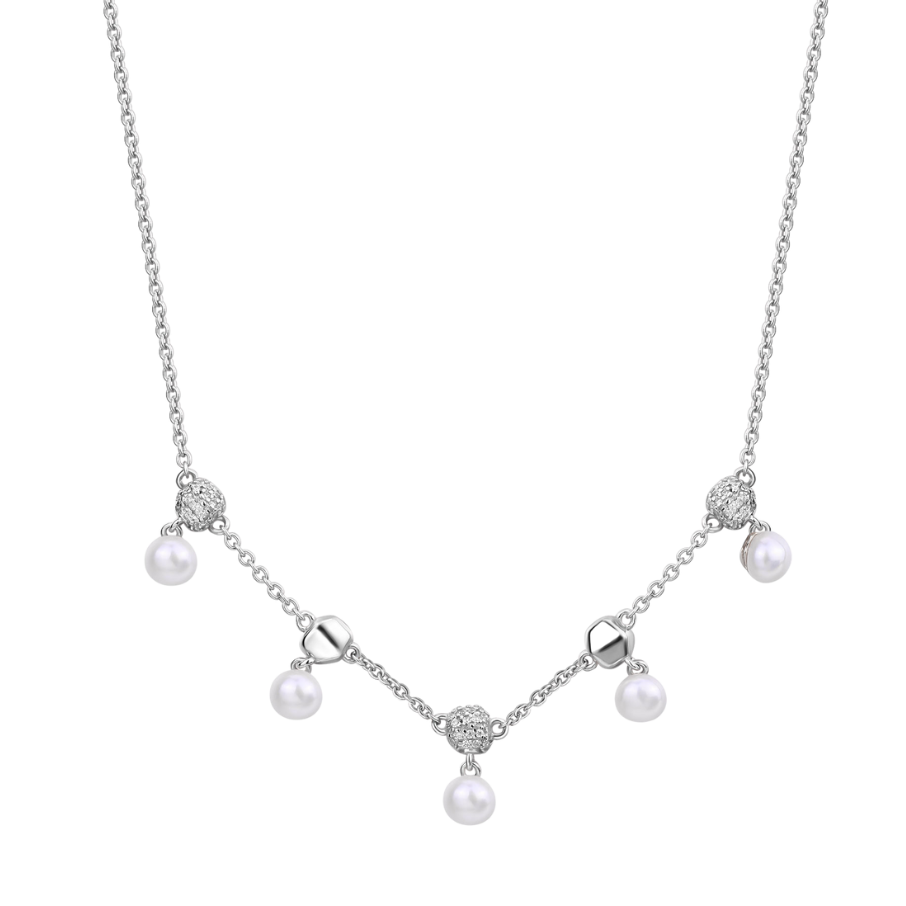 Women's silver necklace AZZURRA short, white zirconia and natural pearls, 44cm, ROSATO