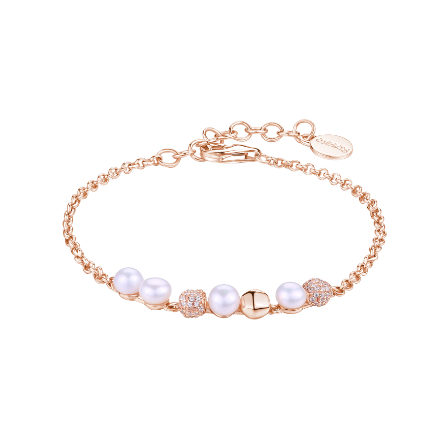 Women's Adjustable Silver Bracelet AZZURRA with Fine Chain and Natural Pearls, ROSATO
