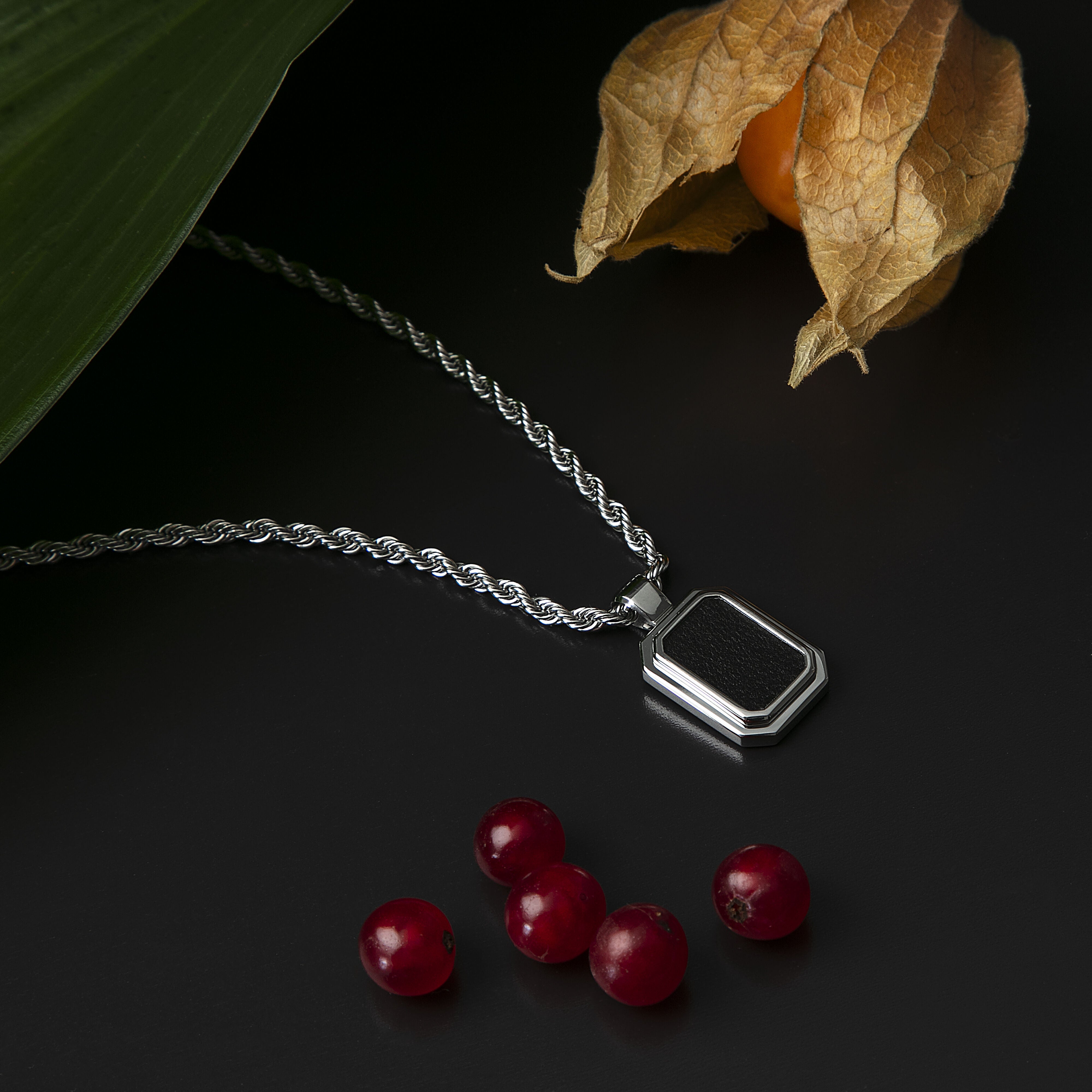 Men’s T-Leather Necklace in Stainless Steel with Black Leather, Trussardi