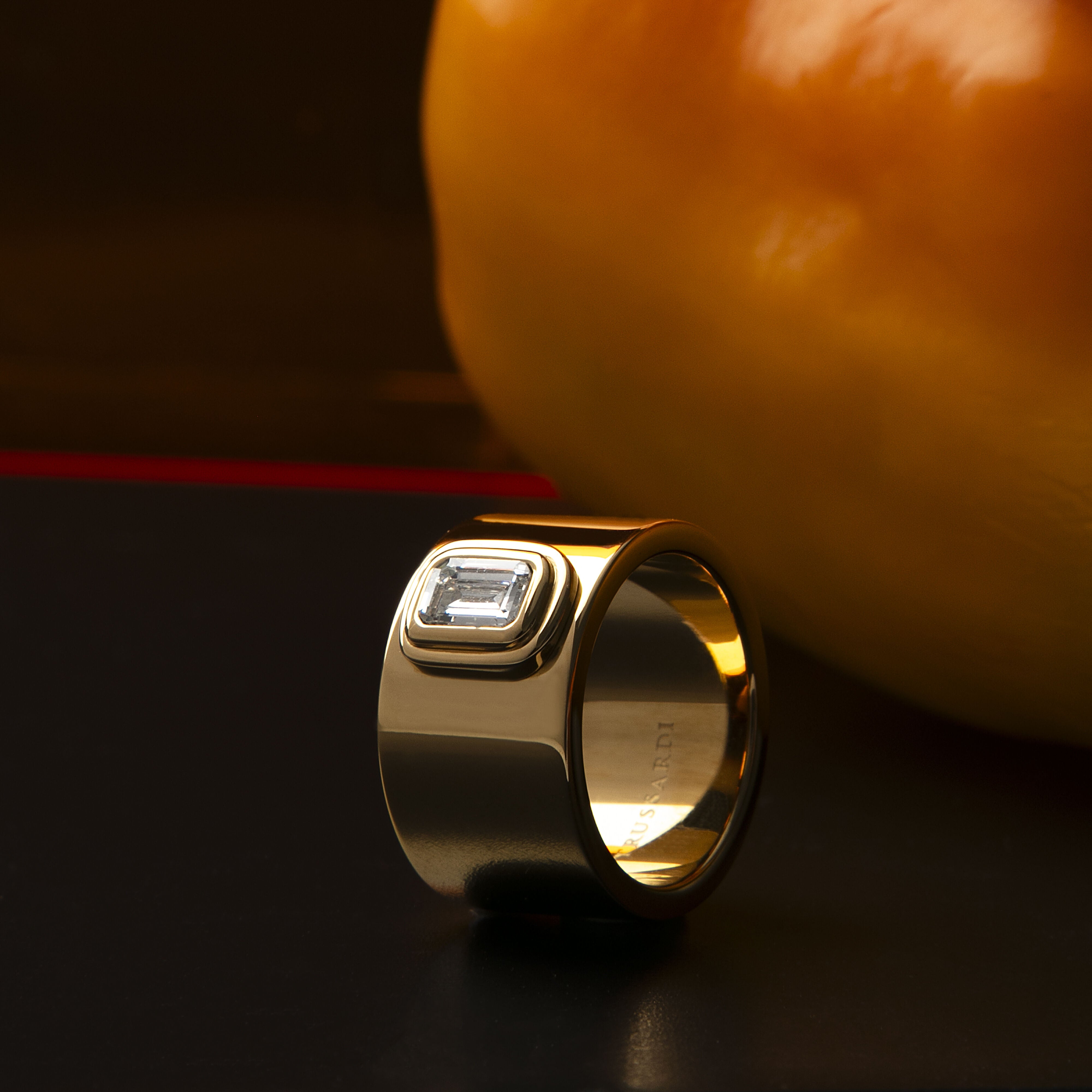 Women’s T-Design ring in stainless steel with yellow gold finish, Trussardi