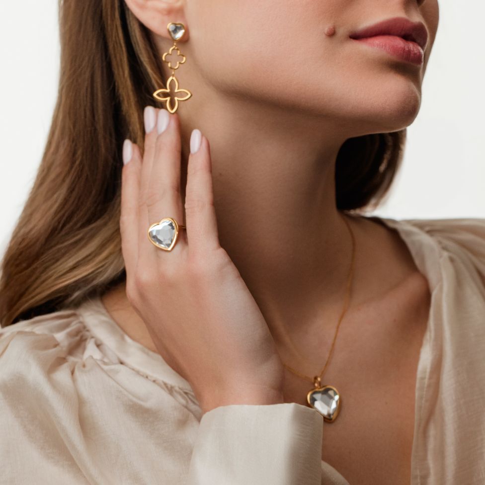 Women's Icons ring with white heart-shaped crystal, gold-plated, Lilou
